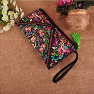 Boho Women Retro Butterfly Flower Bags Handbag Wallet Purse Embroidered- Green